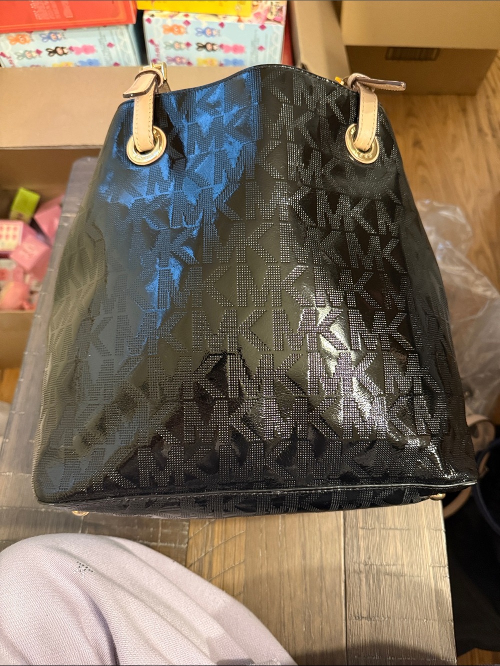 Michael Kors Black Logo Tote with Tan Handles - Picture 2 of 5